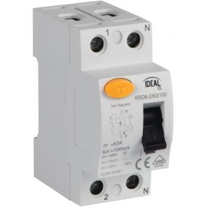 Disjoncteur différentiel 2P - 63A 100mA - Rail TH35 - IP20 - Blanc