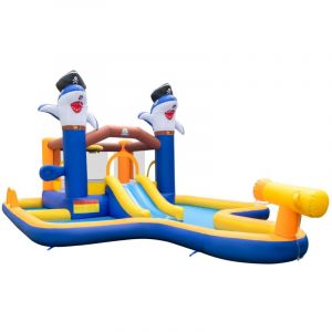Parc Toboggan Aquatique 7 en 1 pour Enfants Ch&acirc;teau Gonflable avec Piscine et Canon &agrave; Eau Jeu de Boxe pour Les 3 &agrave; 10 Ans (sans Souffleur)