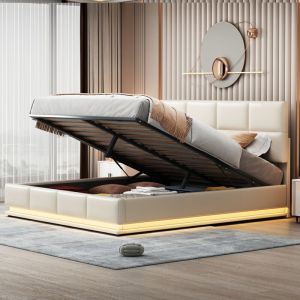 Lit coffre 180x200 cm, lit double rembourré, lit adulte avec éclairage led, sommiers à lattes et rangement hydraulique, en cuir artificiel beige,