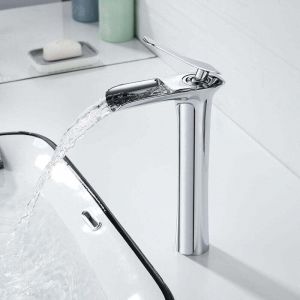 Modern Robinet Lavabo Cascade Haut, Robinet Mitigeur Lavabo Haut en Laiton, Robinet Salle Bain Cascade avec Bec Haut Hauteur 235mm, Robinet Cascade