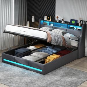 Tanant - Lit coffre capitonné 140x190cm, tête de lit coffre avec usb et éclairage led, avec sommier à lattes, lin, lit adulte scandinave, Gris