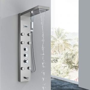 Colonne De Douche Thermostatique Nickel Brossé Hydromassante Mural en Acier Inoxydable 5 Fonctions (cascade et tête de douche de pluie, douche de