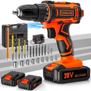 Perceuse Visseuse Sans Fil 20V, Visseuse Devisseuse Sans Fil avec 2 Batteries 2.0Ah, 42Nm, 25+1 Réglages de Couple, 2 Vitesses, LED, 24 Accessoires