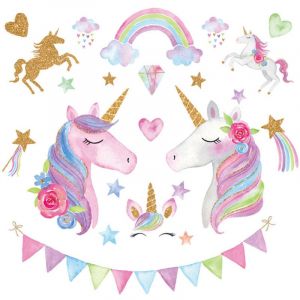 Shining House - Stickers Muraux Licorne Arc-en-Ciel Autocollants Muraux Mural Stickers Nuages Étoile pour Chambre Bébé Fille Salon Garderie