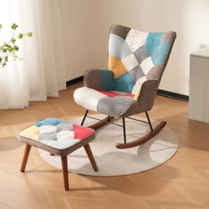 Fauteuil à bascule, avec pouf, structure en bois massif, design patchwork, lin, style scandinave, fauteuil décontracté - Multicolore