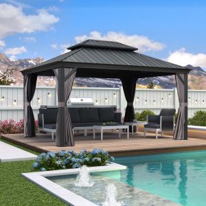 Purple Leaf - Tonnelle de Jardin Ext&eacute;rieur Pergola Aluminium avec Moustiquaire et Rideaux Pavillon de Jardin &agrave; Double Toit Acier Galvanis&eacute;, 4.25 x