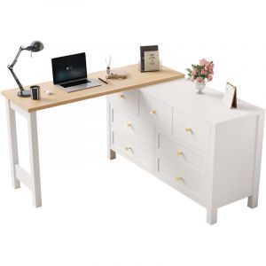 Bureau d'angle en L - Table pivotante &agrave; 360&deg; - 7 tiroirs - Panneau de particules - 120 x 40 x 70 cm