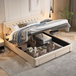 Lit coffre 160x200 cm avec rangement, 2 tiroirs, velours, sommier à lattes en bois massif, style scandinave, lit double adultes, capitonné - Beige
