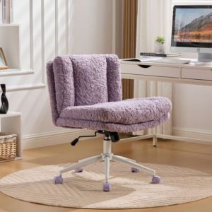 Chaise de bureau &agrave; domicile en fausse fourrure de lapin, violette, base en m&eacute;tal, chaise pivotante r&eacute;glable, assise &eacute;largie de 67 cm