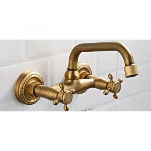 Robinet Cuisine Mural Bronze Antique, Rotatif &agrave; 360&deg; Mitigeur D'&eacute;vier Murale Laiton, Retro Double Poign&eacute;e Robinets M&eacute;langeur pour Salle de Bain