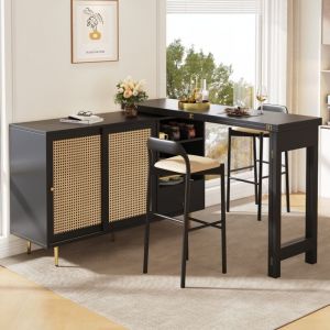 Table à manger 107x40x71,4cm avec bar rétractable, rotation à 360°, buffet, meuble de cuisine, nombreux rangements, mdf, noir