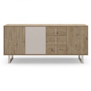 Buffet, meuble de rangement avec 3 portes et 3 tiroirs aspect bois coloris ch&ecirc;ne et m&eacute;tal coloris gris - Longueur 180 x Profondeur 40 x Hauteur 80 cm