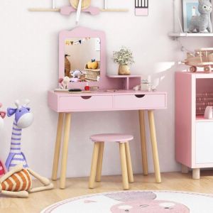 Coiffeuse Enfant Fille 3-7 Ans, Coiffeuse en Bois avec Miroir Amovible avec Tabouret, 2 en 1 Table de Maquillage et Bureau avec 2 Tiroirs, Étagère de