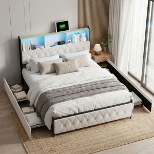 Lit avec 4 tiroirs 180x200, lit double avec &eacute;clairage LED, lit adulte, t&ecirc;te de lit rangement et ports USB/Type-C, Cadre de lit en m&eacute;tal et bois,