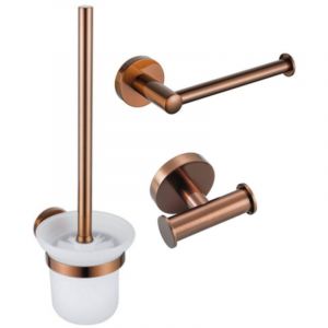 Calvi Pack wc 3 pièces - porte-rouleau sans couvercle - brosse de toilette - crochet à serviette double rond - Cuivre brossé pvd (Cuivre) - Fortifura