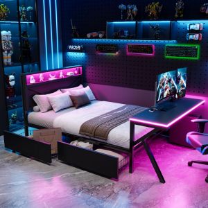 Lit gaming 140x200 cm &ndash; M&eacute;tal, t&ecirc;te de lit LED, bureau LED et 2 tiroirs &ndash; Noir