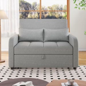 Canap&eacute; 2 places moderne avec dossier r&eacute;glable et fonction lit - Rev&ecirc;tement en lin, assise en mousse, pieds en polypropyl&egrave;ne - Gris