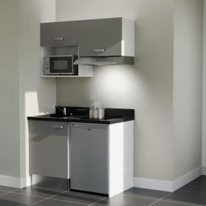 Cuisibane - Kitchenette K02L - 120 cm - plan monobloc &eacute;vier int&eacute;gr&eacute; Nero- &eacute;vier &agrave; gauche - Fa&ccedil;ades Gris + Electrom&eacute;nager inclus coloris Inox