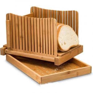 Trancheuse à Pain Pliable en Bois de Bambou, Trancheuse à Pain, Trancheuse Réglable Pain, avec Plateau Récupérateur de Miettes, pour Tranches