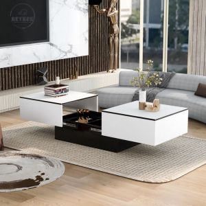 Retrok - Table basse universelle, salon, laqué brillant avec table extensible et espace de rangement (blanc)