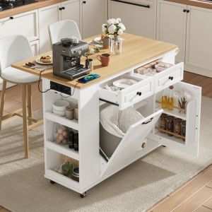 &Icirc;lot de cuisine sur roulettes, table &agrave; manger extensible, &icirc;lot de cuisine avec poubelle et porte-serviettes, et prise &eacute;lectrique.
