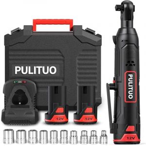 PULITUO Cl&eacute; &agrave; Cliquet Sans Fil, 12V Cl&eacute; &agrave; Cliquet &eacute;lectrique 50N.m 3/8 Pouces Kit de Cliquet, 2 batteries Li-ion de 2,0 Ah, chargeur rapide,10 prises