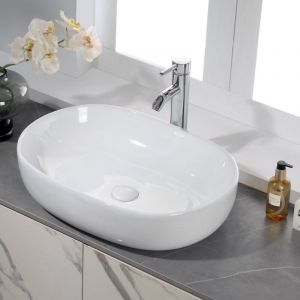 Horow - Vasque Ovale Blanc - Vasque à Poser sur Plan en Céramique - Vasque à Poser sur Plan pour Salle de Bain et wc Invités - avec Effet Lotus