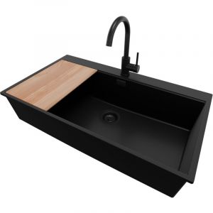 Primagran - Evier Cuisine en Granit 88x50cm, Lavabo 1 bac + Robinet 32x20cm + Kit de Vidage + Accessoire, Évier à Encastrer au meuble 90cm - Oslo,