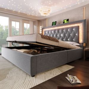 Lit coffre - lit 160x200 cm - LED diamant, USB/Type-C et sommier - velours gris - sans matelas