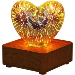Feu d'Artifice 3D, C&oelig;ur d'Amour, Veilleuse, Lampe de Table en Verre, Lampe de Chevet Changement de 8 Couleurs pour D&eacute;coration Bureau Pi&egrave;ce, Salon,