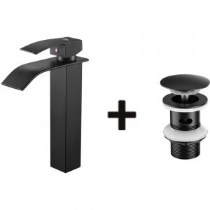 Mitigeur Robinet de Lavabo Cascade Noir Moderne Mitigeur Robinet Salle Bain+Bonde Lavabo Bonde Pop-up avec Trop-plein Automatique Universelle