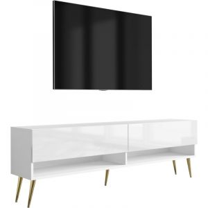 Meuble TV 170 cm Blanc Mat / Blanc Brillant, pieds obliques dor&eacute;s, 170 &times; 32 &times; 52 cm