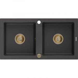 Mario &eacute;vier en granit &agrave; 2 cuves 820 x 436 mm, Noir mouchet&eacute;, siphon Or - 6504822000-76-G - Mexen