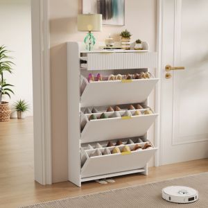 Meuble &agrave; chaussures 113,5 cm, 3 compartiments &agrave; bascule, 2 tiroirs, capacit&eacute; de 24 paires, design moderne et &eacute;pur&eacute; - Blanc