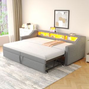 Canap&eacute;-lit gain de place avec lit escamotable Lit Simple 90/180x200cm. Rangement, LED, USB, sommier lattes, gris clair (sans Matelas)