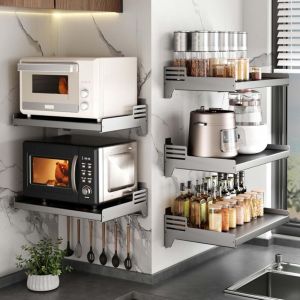 1Pcs Rangement Support Micro Onde, &Eacute;tag&egrave;re Micro Onde Inox Mural Cuisine Rangement, Gris Avec 6 Crochets De Suspension (55Cm)