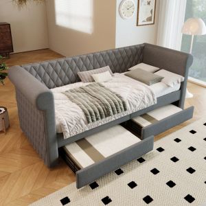 Tête de lit vintage capitonnée, canapé-lit 90 x 200 cm, canapé-lit, banquette-lit avec 2 tiroirs de rangement, lit d'enfant, lit d'adolescent, cadre