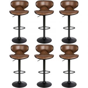 Lot de 6 Tabouret de bar Tabourets de Cuisine Chaises Rembourr&eacute;s en Su&egrave;de Marron Hauteur R&eacute;glable Rotatif &agrave; 360&deg;et avec Dossier et Repose-Pieds