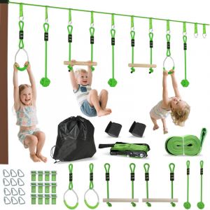 Kit de tyrolienne pour enfants 7 pi&egrave;ces pour jardin, kit de slackline de 10 m avec barres de singe en bois, anneaux m&eacute;talliques et balles