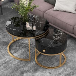 Lot de 2 table basse gigogne ronde avec un tiroir, table basse gigogne noire haute brillance, 70 x 70 x 45 cm