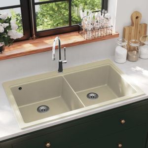Design In - vier de cuisine,Bac,Vasque à poser Granit Double lavabo Beige CFW53998