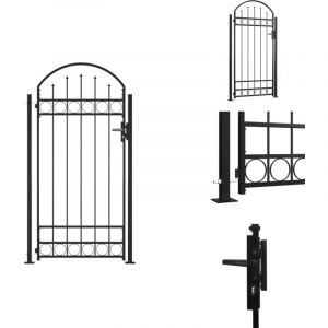 Portail de clôture à dessus arqué et 2 poteaux 105x204 cm Noir - Portail De Jardin - Portillon - Clôture - Portail Métallique - Portail Noir