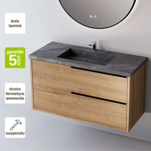 Meuble de salle de bain plan vasque Grès Cérame Noir Allure, 2 Tiroirs Chêne Naturel, Poignée Noir, l60xh54xp45, Effet 3D, listello