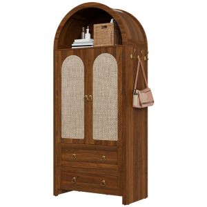 Buffet d&rsquo;appoint en rotin style arrondi &ndash; 2 tiroirs &ndash; Meuble r&eacute;tro pour salon et chambre &ndash; Armoire de rangement d&eacute;corative pratique Couleur noyer