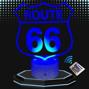 Lampe de Chevet 3D LED Route 66, Veilleuse changement de Couleurs, LampeTactile Bureau et Chambre, Moto &eacute;tats unis