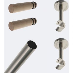 Kit de tringle &agrave; rideaux Nickel Mat 200cm Diam.20mm Embout Cylindre Droit Bois - Fixation Mur - Boulet