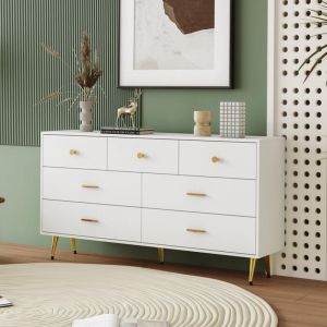 Commode pour salon, Buffet de rangement, armoire de cuisine armoire buffet sur pied, 140x35x76 cm, 7 tiroirs, blanc
