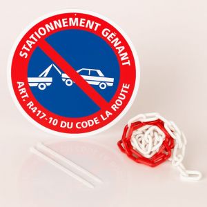 Signaletique.biz France - Panneau stationnement genant art. r417-10 code de la route disque rigide pr&eacute;perc&eacute; avec chaine plastique rouge/blanc avec