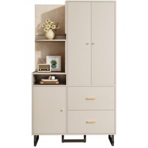 Meuble d'entr&eacute;e compact avec rangement chaussures et panneaux capitonn&eacute;s. Armoire murale pour couloir. 110x38x186 cm Beige Gris