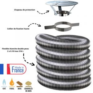 Edilinox - Kit tubage flexible double peau inox diamètre 130 + collier + chapeau Longueur du conduit 10 mètres